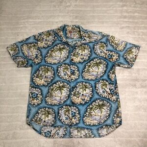 Hilo Hattie Shirt Mens Medium Beach Print Tropical Hawaiian Button Up Vintage
